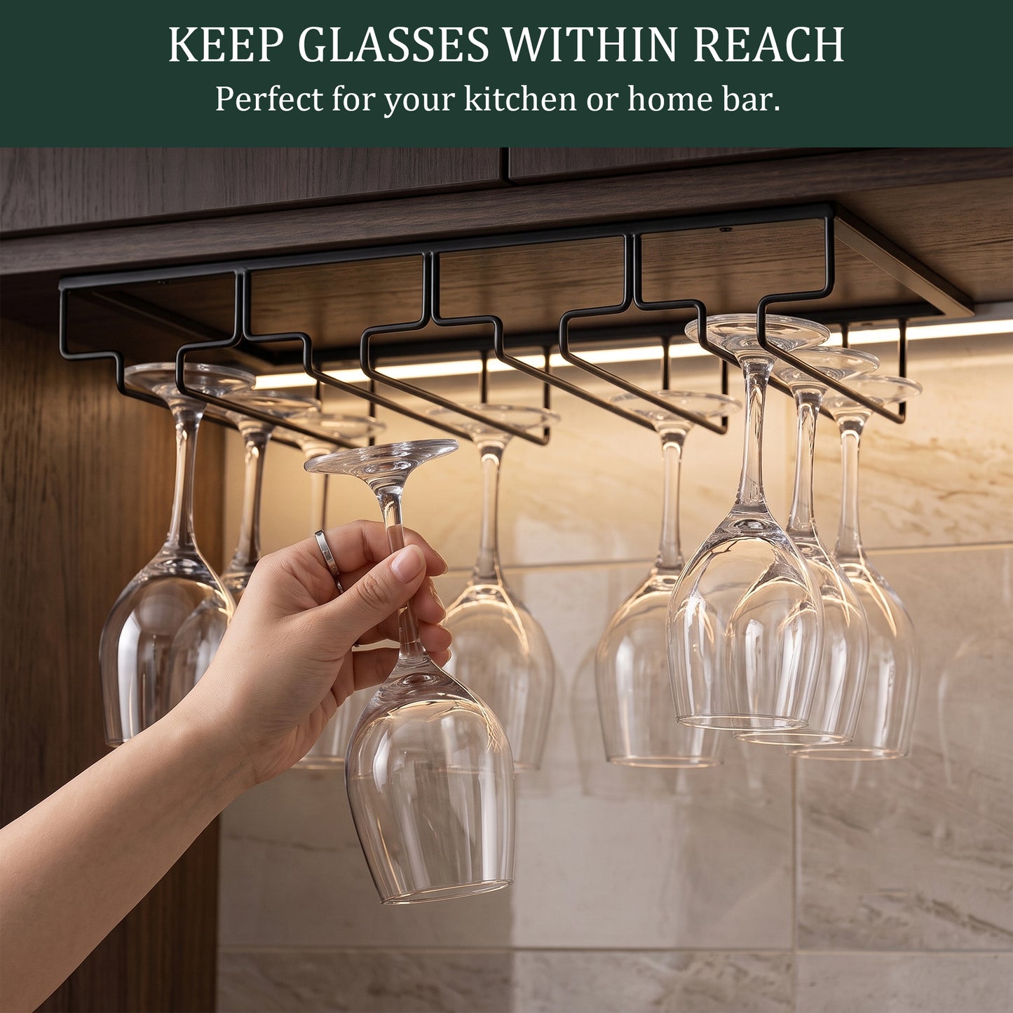 Riousery 4-Row Under Cabinet Wine Glass Rack, Metal Stemware Holder, Hanging Storage for Up to 12 Wine Glasses, Black