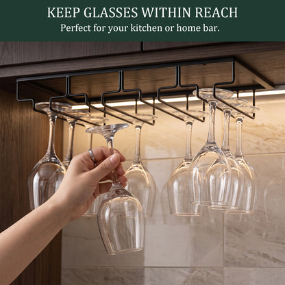 Riousery 4-Row Under Cabinet Wine Glass Rack, Metal Stemware Holder, Hanging Storage for Up to 12 Wine Glasses, Black