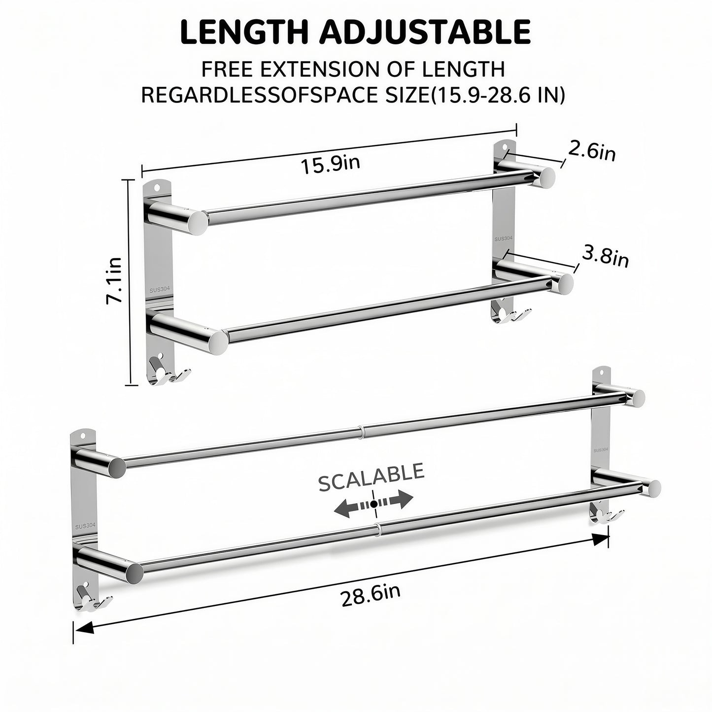 LZSDS Towel Racks for Bathroom Wall Mounted, 304 Stainless Steel Retractable Double Towel Bar 16-29 in with Hooks