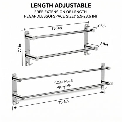 LZSDS Towel Racks for Bathroom Wall Mounted, 304 Stainless Steel Retractable Double Towel Bar 16-29 in with Hooks