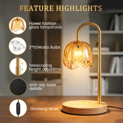 AOLIGO Electric Candle Warmer Lamp with Timer Adjustable Height Dimmable Flower Glass Wax Melting Light Wooden Base for Small Jars, Yellow