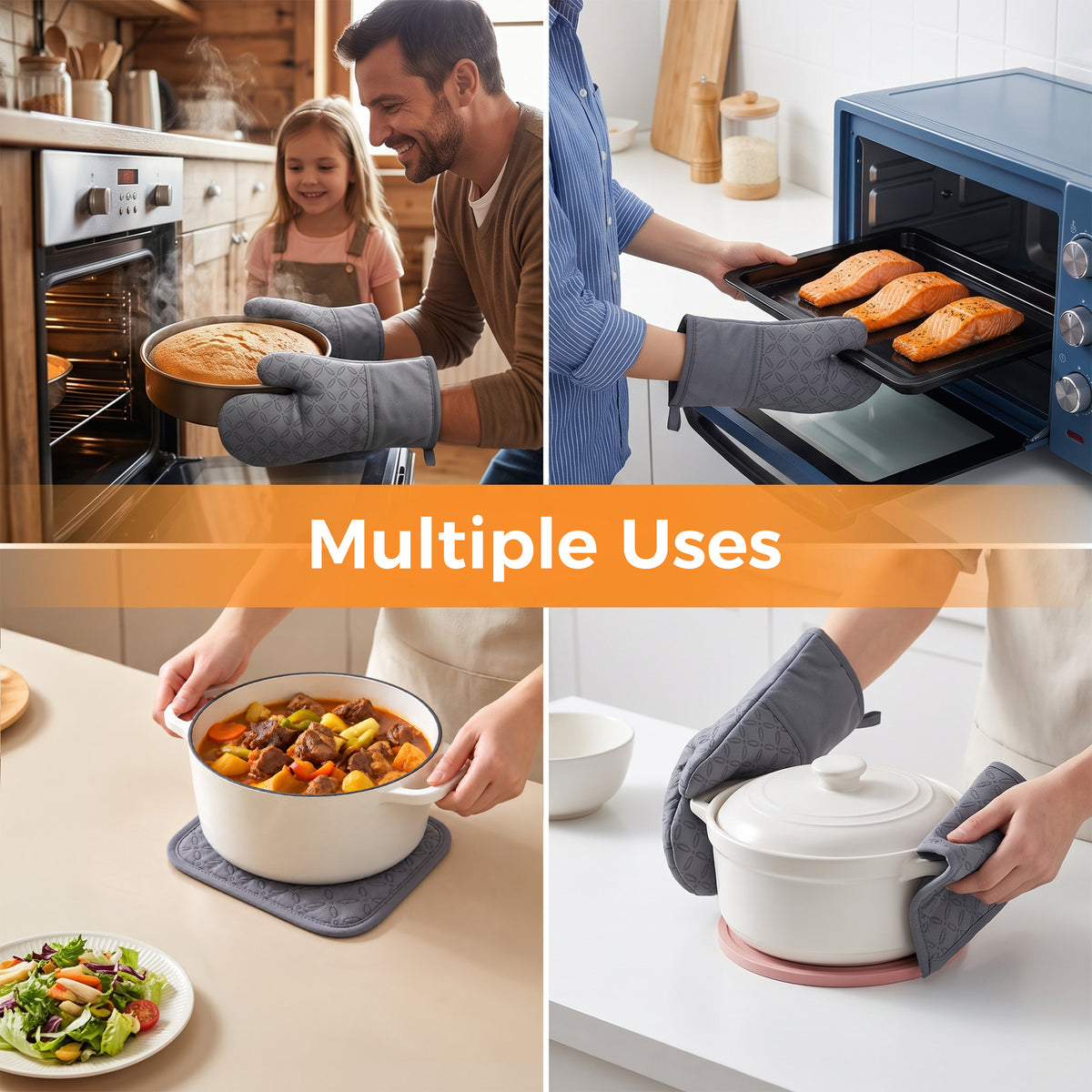 M Buder Oven Mitts Set, 4 Pcs 392°F Heat Resistant Pot Holders and Oven Mitts, Extra Long Thick Cotton Kitchen Oven Gloves for Cooking, Baking, BBQ, Gray