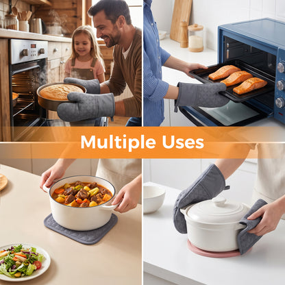 M Buder Oven Mitts Set, 4 Pcs 392°F Heat Resistant Pot Holders and Oven Mitts, Extra Long Thick Cotton Kitchen Oven Gloves for Cooking, Baking, BBQ, Gray