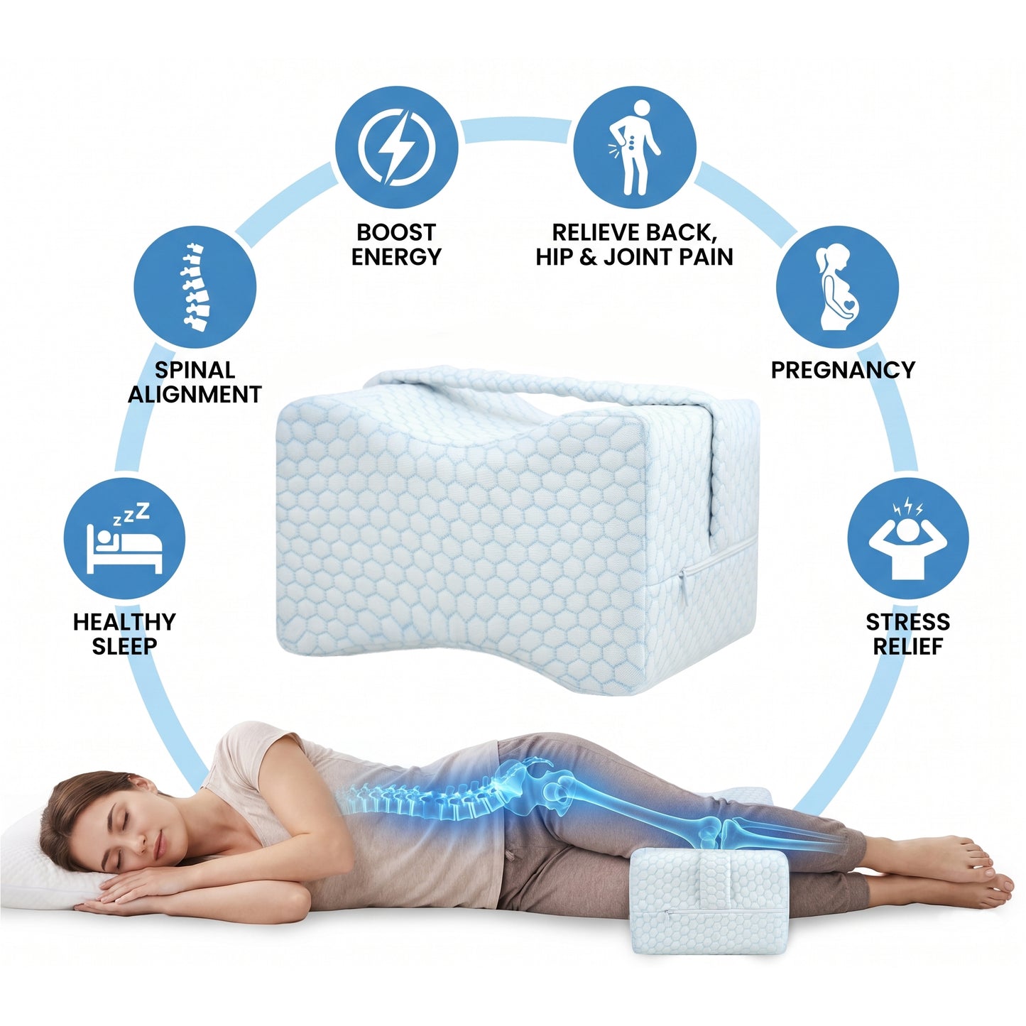 Alylo Memory Foam Knee Pillow for Side Sleepers, Ergonomic Leg Cushion with Adjustable Strap for Hip & Back Support, White