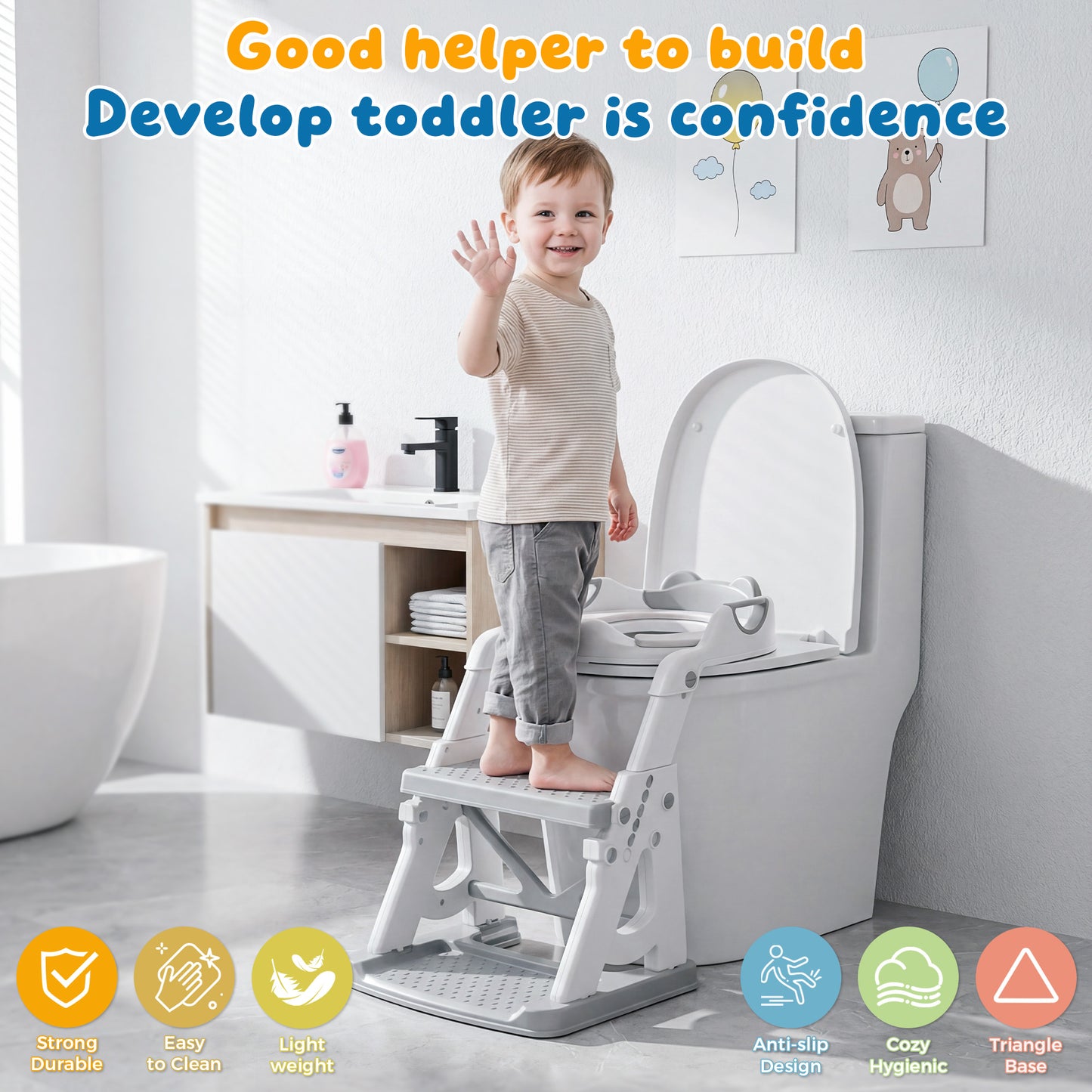 RUPOUN Adjustable Potty Training Seat with Step Stool, Toddler Potty Seat for Toilet, Anti-Slip & Splash Guard for Boys & Girls, Gray