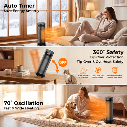 Lairy 1500W Space Heater for Indoor, 16" Portable Electric Heater for Desk and Floor, 2 Heat Settings, ECO Thermostat, Oscillation, Timer, Black