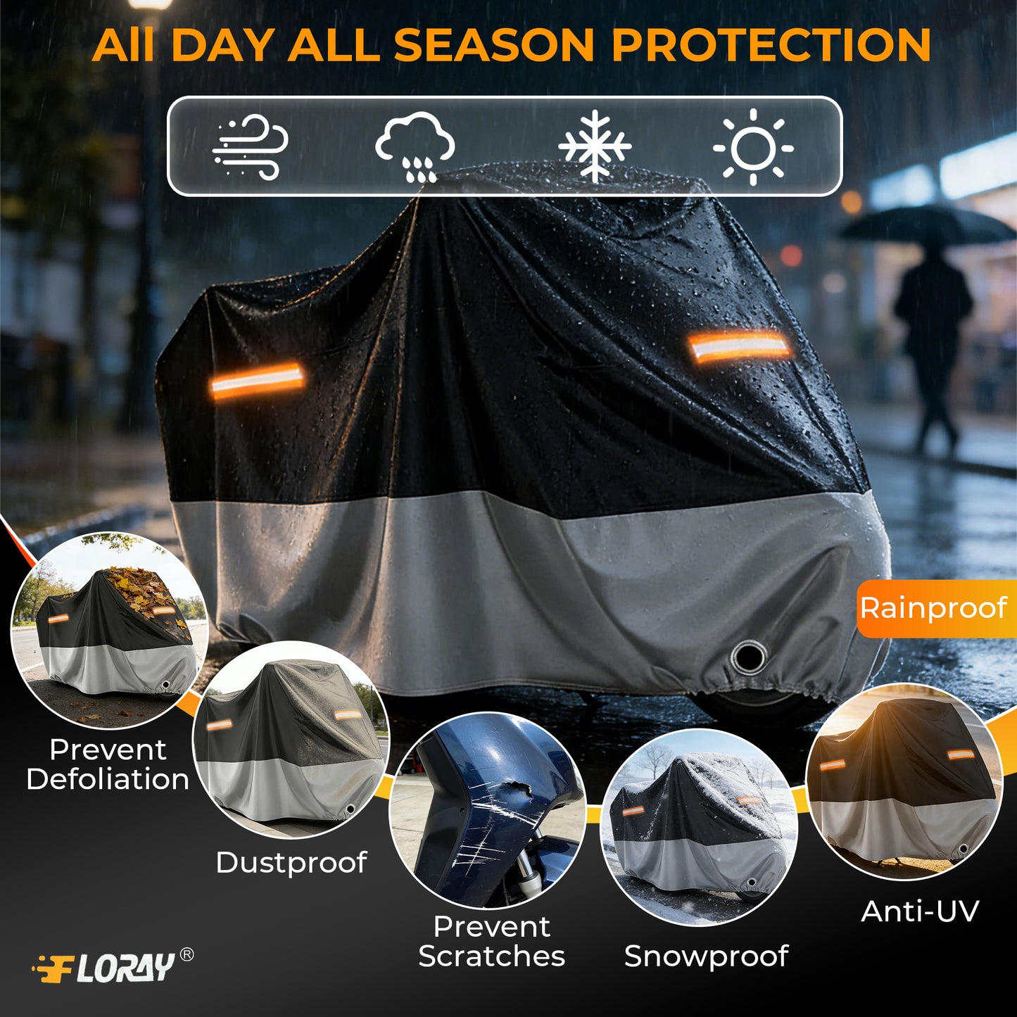 FLORAY Lightweight All-Season Motorcycle Cover, Waterproof Outdoor Protection with Reflective Strips and Windproof Buckles, 2XL