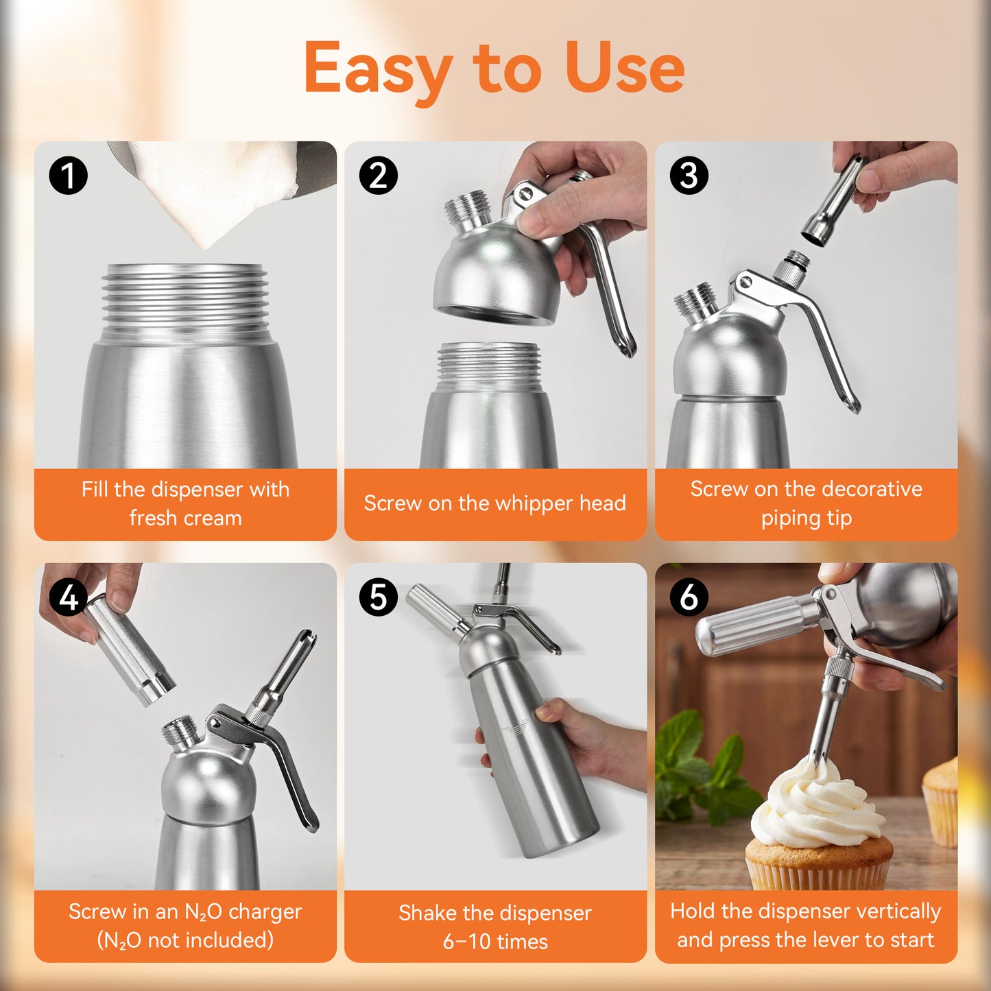 M Buder Whipped Cream Dispenser, Whip Cream Maker 500mL for Desserts Gourmet Cream Whipper with 3 Decorating Nozzles, Cleaning Brush, Silver