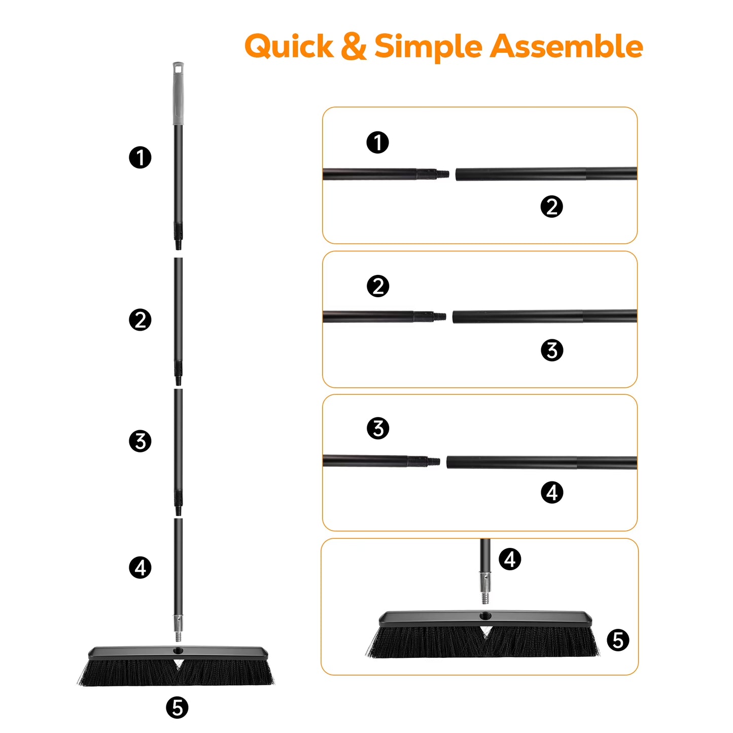 FVSA Push Broom 18" Heavy Duty with 60" Long Handle for Garage, Driveway, Deck, Concrete, Patio, Shop, Black