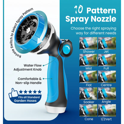 OHHANI Garden Hose, 50 FT x 5/8” Water Hose for Outdoor with 10 Function Sprayer Nozzle