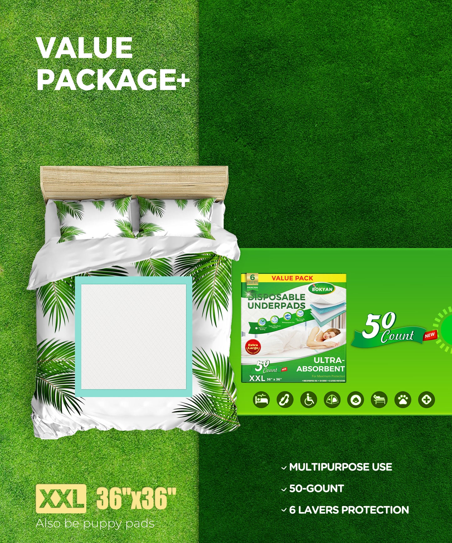 BOKYAN Bed Pads for Incontinence Disposable, 36 x 36 Waterproof Underpads, Maximum Absorbent Unisex Large Chucks Pad, Bed Liners Chux for Adults, Kids and Pets, XXL (50 Count)