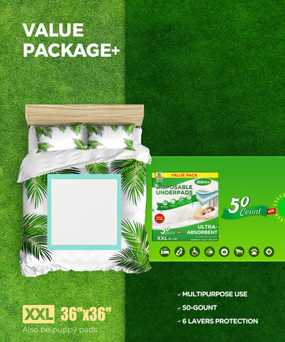 BOKYAN Bed Pads for Incontinence Disposable, 36 x 36 Waterproof Underpads, Maximum Absorbent Unisex Large Chucks Pad, Bed Liners Chux for Adults, Kids and Pets, XXL (50 Count)