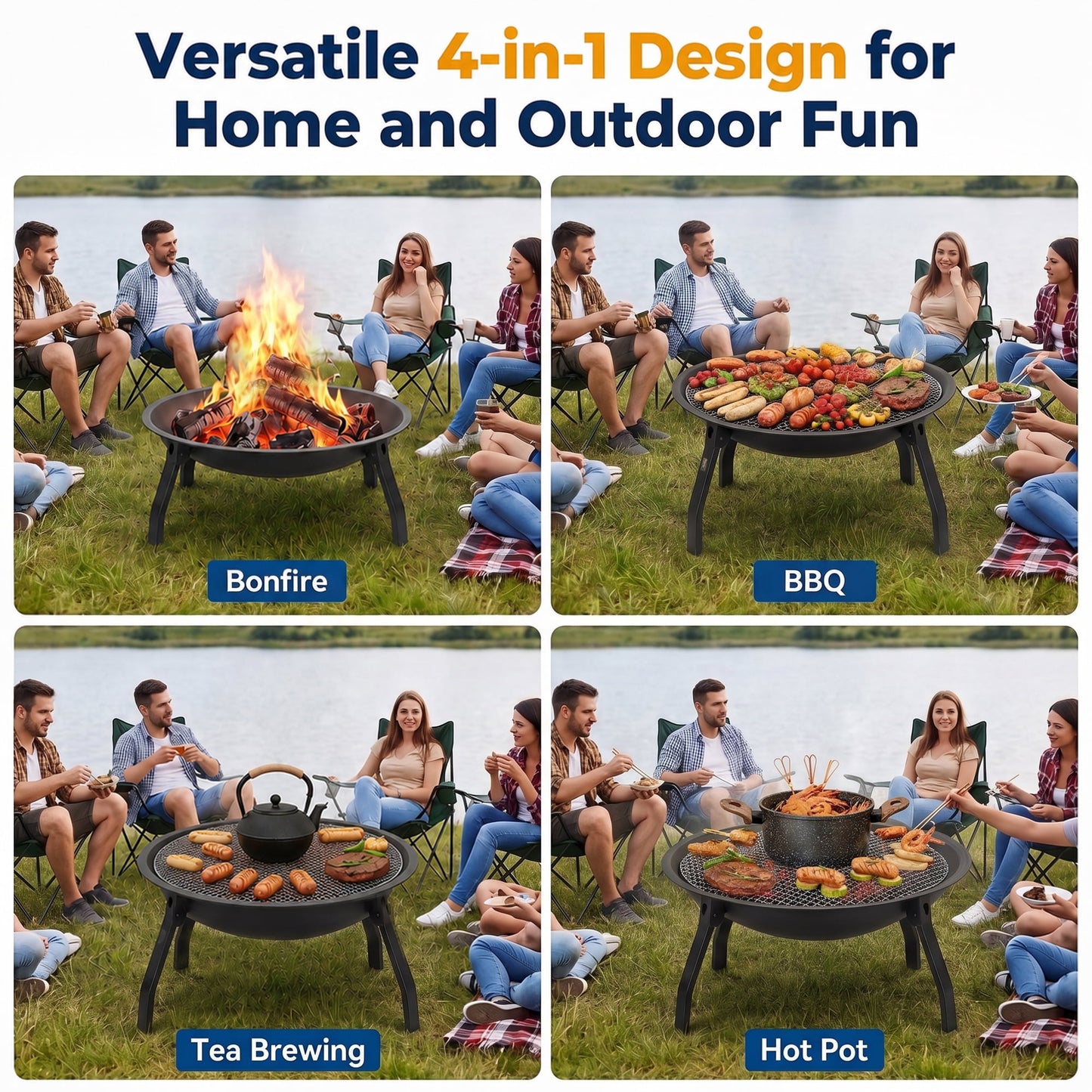 OHHANI Portable Outdoor Fire Pit, Heavy Duty Steel Wood Burning Fireplace with Spark Screen, Grill Grate & Poker, Black
