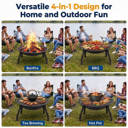 OHHANI Portable Outdoor Fire Pit, Heavy Duty Steel Wood Burning Fireplace with Spark Screen, Grill Grate & Poker, Black