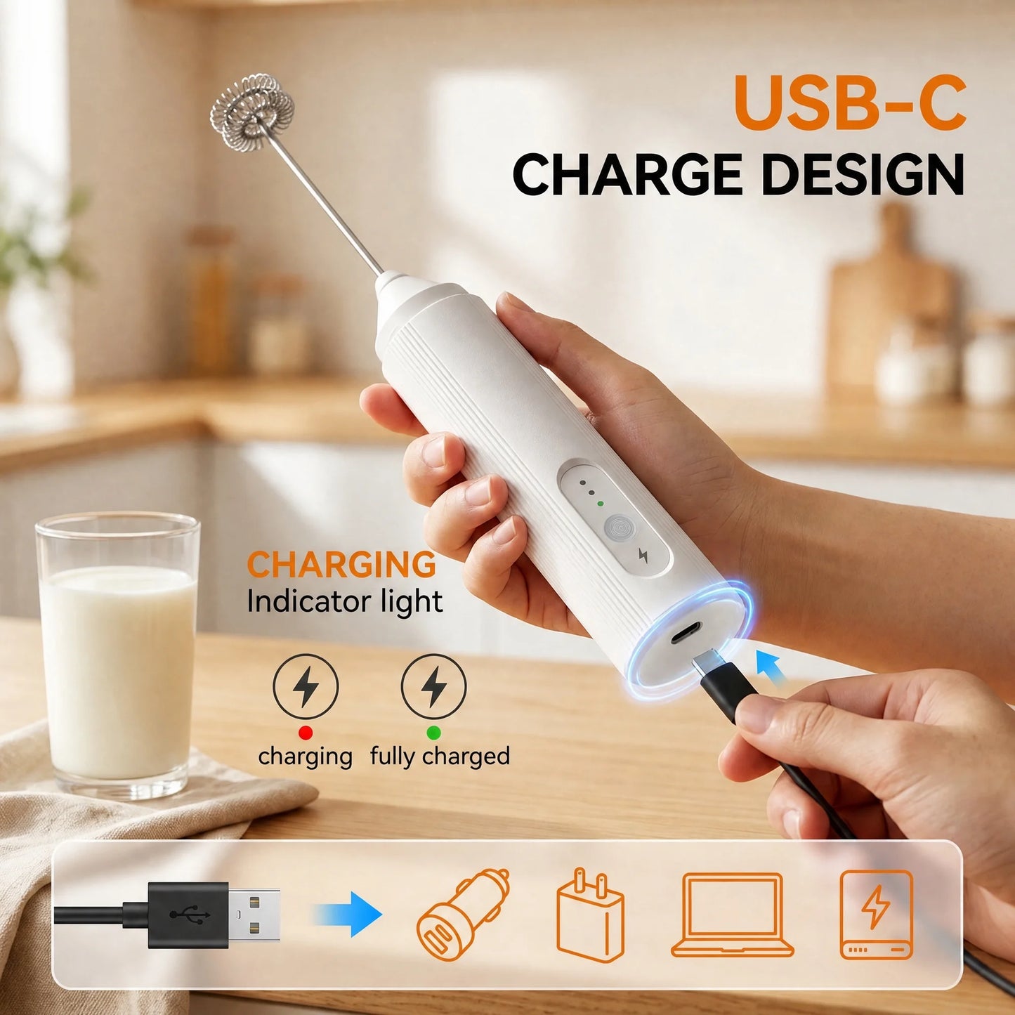 M Buder Milk Frother, Handheld Foam Maker and Electric 3 Speed Rechargeable Coffee Frother Wand, White