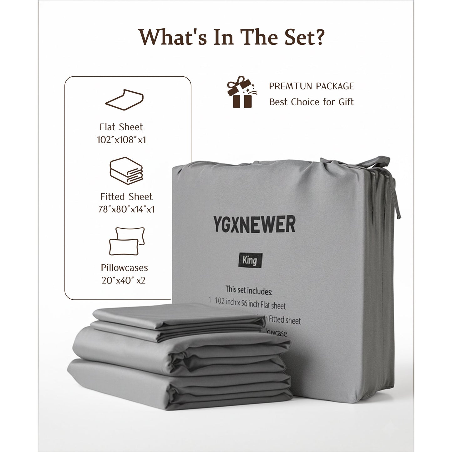 YGXNEWER King Size 4 Piece Sheet Set, Comfy Breathable Cooling Bed Sheets Set, Hotel Luxury Bedding, Deep Pockets, Ultra-Soft, Wrinkle Free, Grey