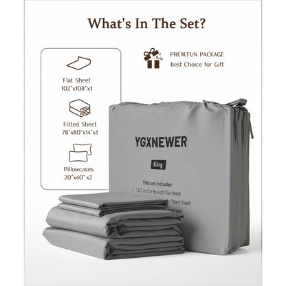YGXNEWER King Size 4 Piece Sheet Set, Comfy Breathable Cooling Bed Sheets Set, Hotel Luxury Bedding, Deep Pockets, Ultra-Soft, Wrinkle Free, Grey