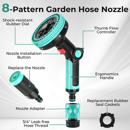 OHHANI Garden Hose Nozzle Multiple modes Dual Nozzle System Thumb Control for Watering Garden, Cleaning, Washing Car, Showering Pets