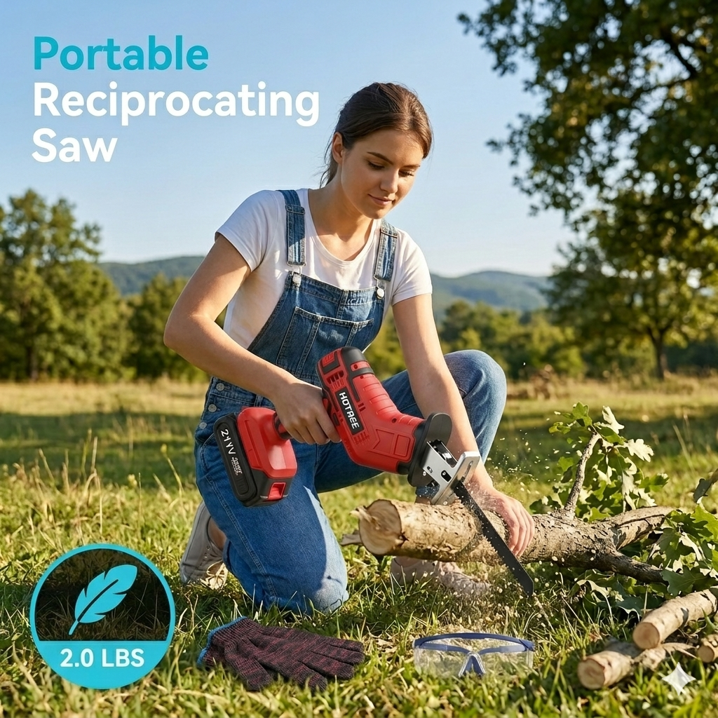 HOTREE Cordless Reciprocating Saw, Variable Speed, 2 x 2.0Ah Batteries, Blades Kit for Wood, Metal, PVC Cutting, Red