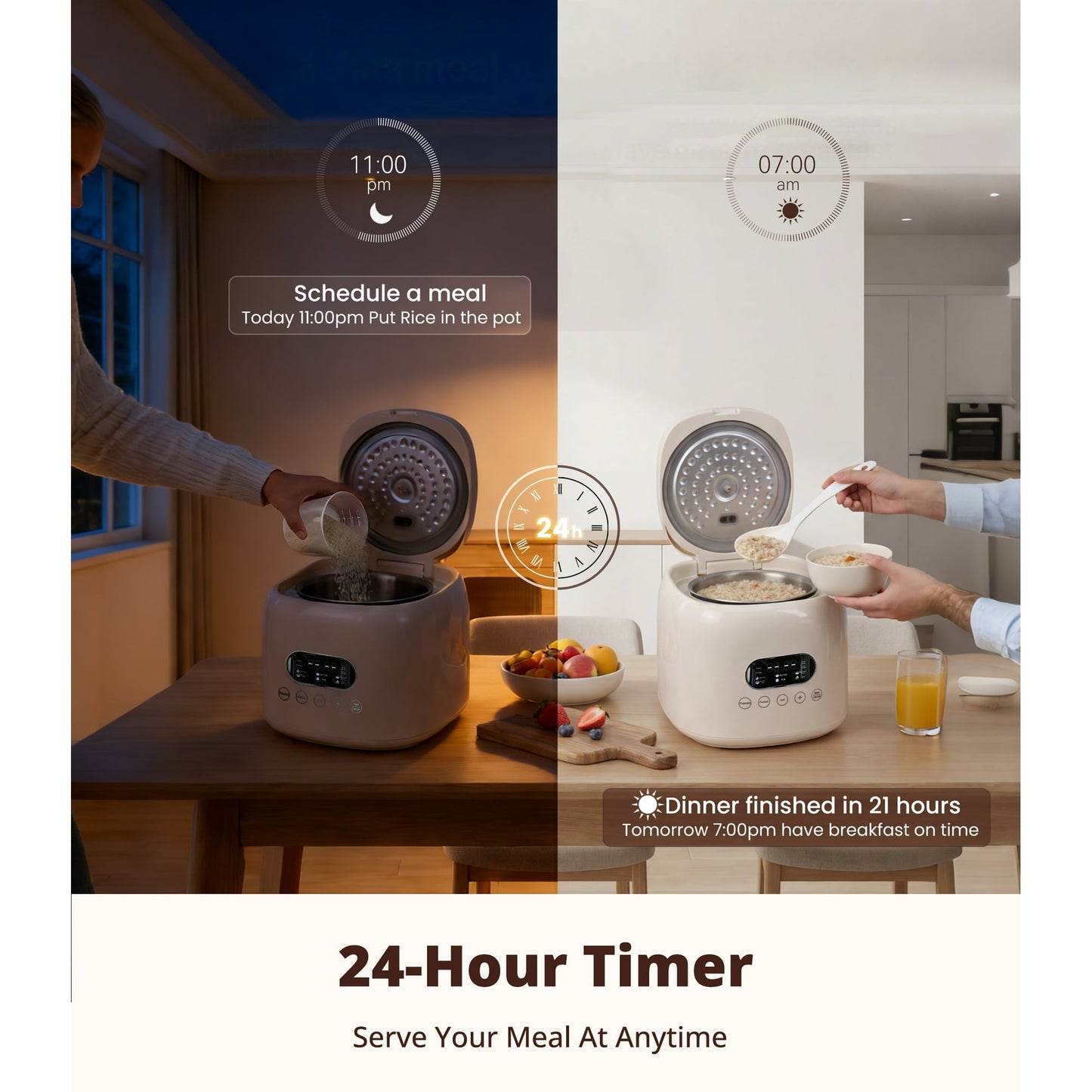 Casualife 3QT Rice Cooker with Starch-Reducing Steamer, 10-in-1 Multicooker with No-Coating Inner Pot and 24-Hour Timer, White
