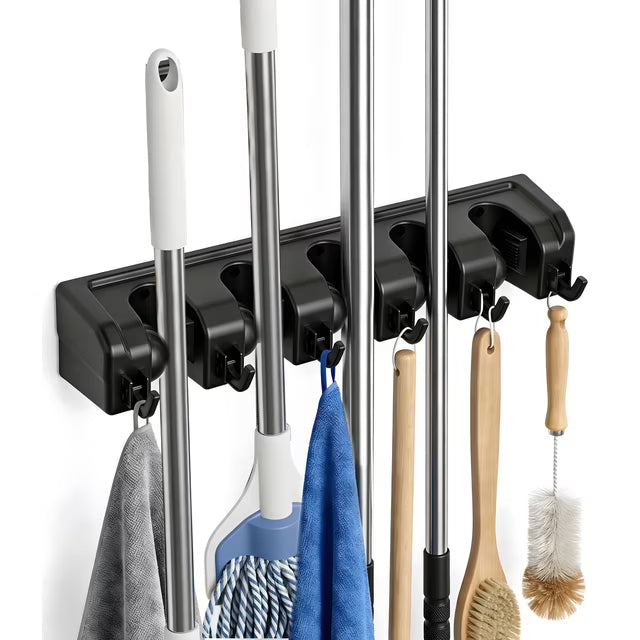 FVSA Wall Mount Broom Holder, 5-Position Plastic Organizer with Hooks, for Home and Garden Cleaning Tools