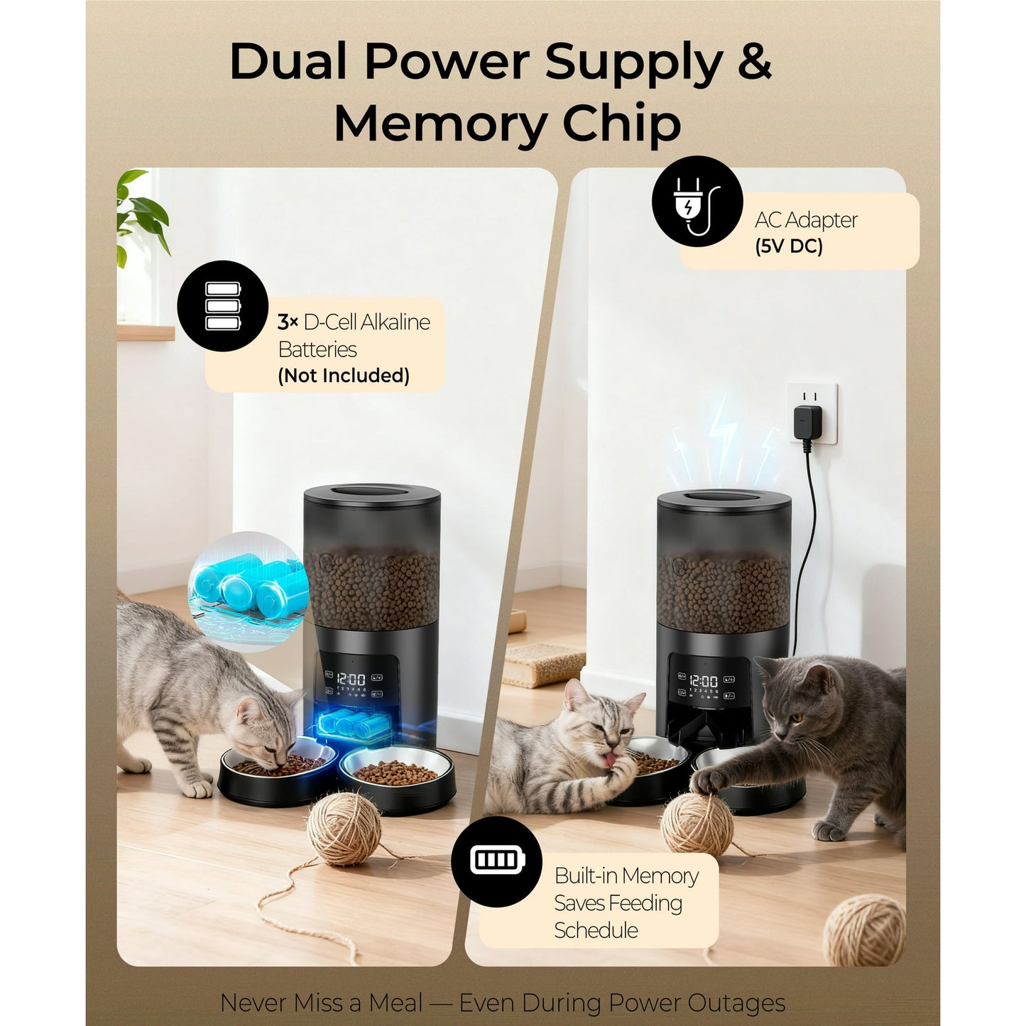 Tolobeve Automatic Cat Feeder for 2 Cats, 2-Way Splitter Timed Cat Dry Food Dispenser with 2 Bowls