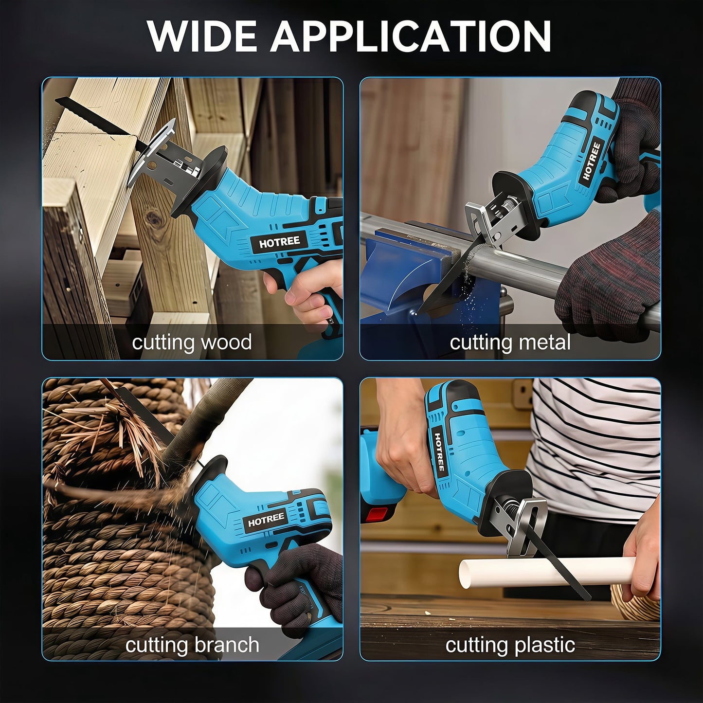 HOTREE Cordless Reciprocating Saw with LED Light, Variable Speed, 2 x 2.0Ah Batteries, Blades Kit for Wood, Metal, PVC Cutting