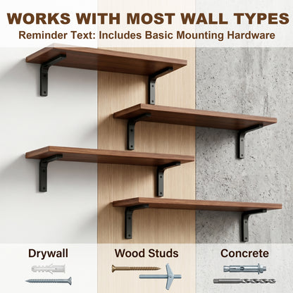 Riousery Wood Floating Shelves Set of 2, 23.6" Wall Mounted Shelves with Metal Brackets, Walnut Wall Shelves for Bathroom, Bedroom, Living Room, Kitchen