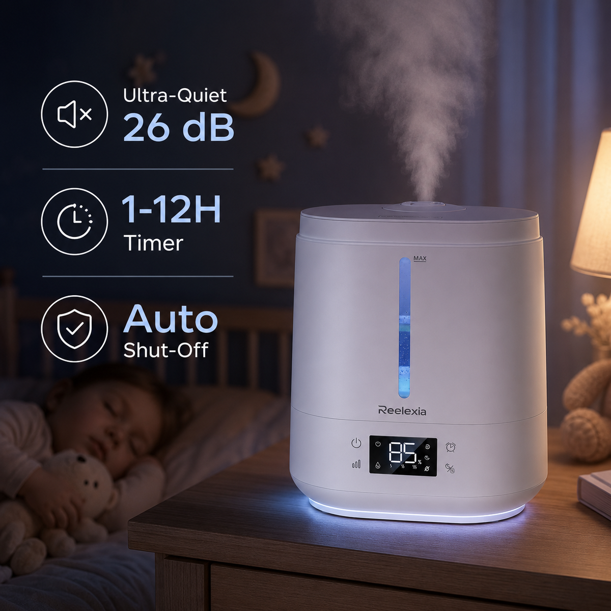 Reelexia 6L Top Fill Humidifiers for Bedroom, Desk Quiet Supersized Cool Mist Humidifiers for Large Room, Air Humidifier for Home, Night Light, Ultrasonic