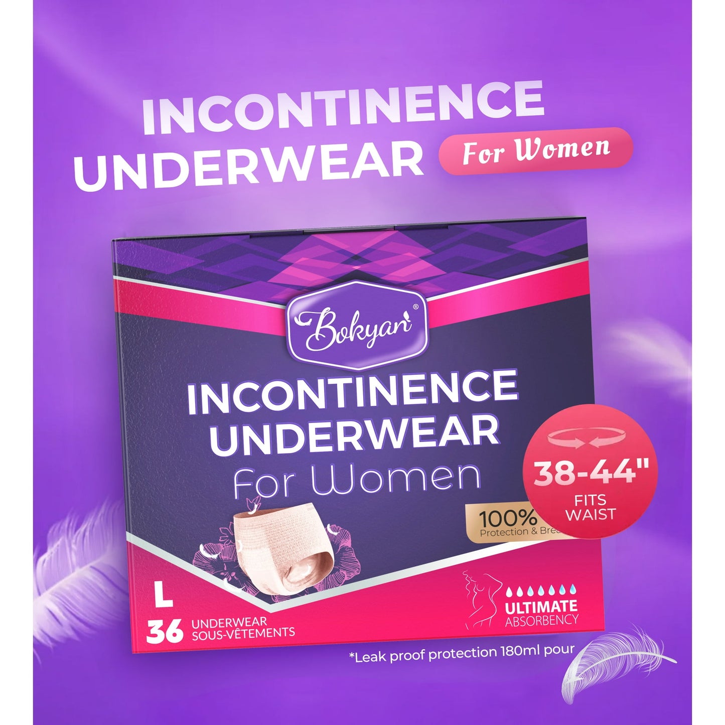 Bokyan Adult Incontinence Underwear for Women,Postpartum Bladder Leak Underwear,Disposable,L,36 Ct