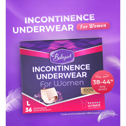 Bokyan Adult Incontinence Underwear for Women,Postpartum Bladder Leak Underwear,Disposable,L,36 Ct