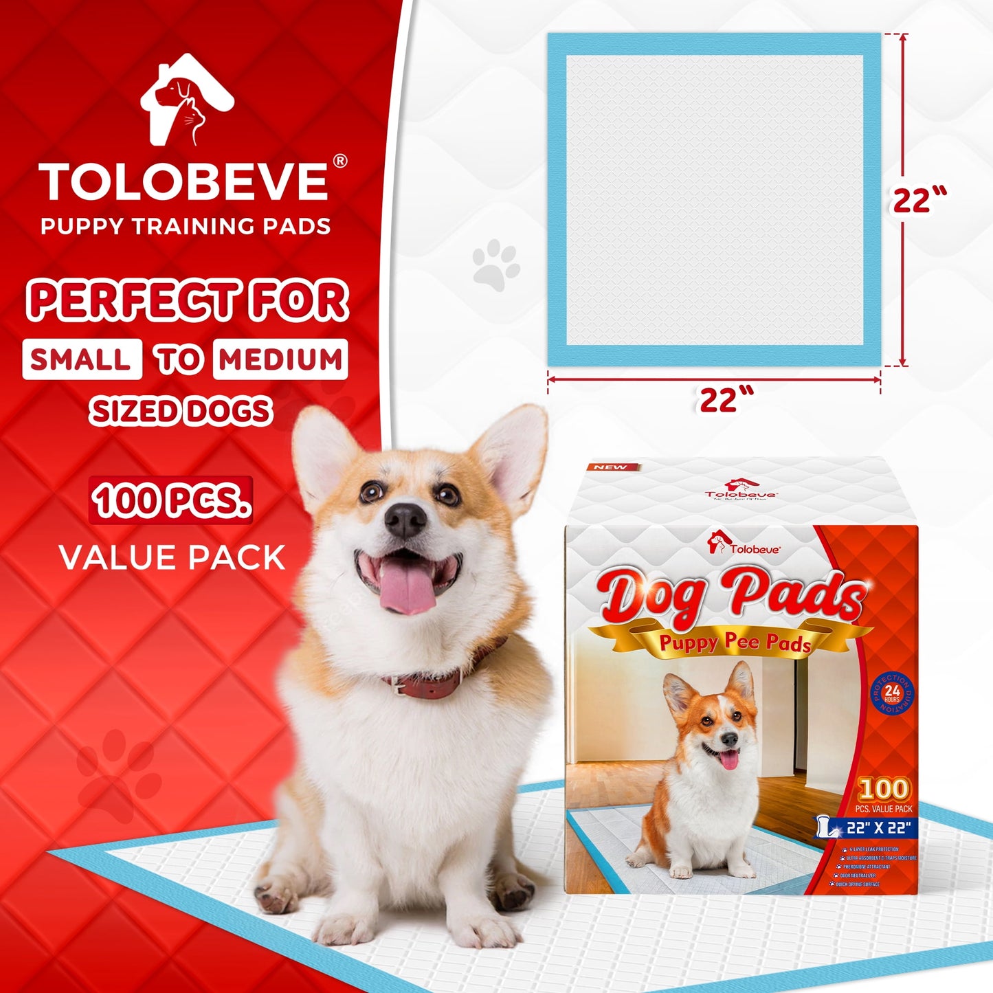 Tolobeve Puppy Pads Training Pads, Large, 22 in x 22 in, 100 Count Disposable Dog Pee Pet Pads