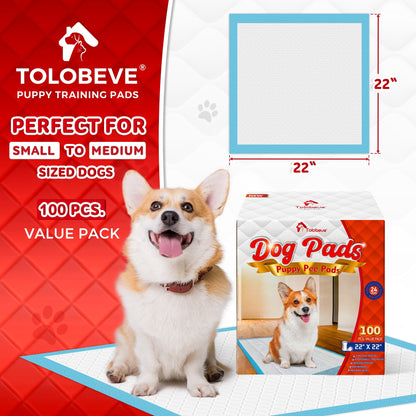Tolobeve Puppy Pads Training Pads, Large, 22 in x 22 in, 100 Count Disposable Dog Pee Pet Pads