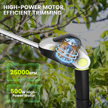 HOTREE 21V Cordless Pole Hedge Trimmer with 2 x 2.0Ah Batteries and Charger, 12ft Reach 3-in-1 Foldable Hedge Shrub Trimmer and Grass Shear ,Grey