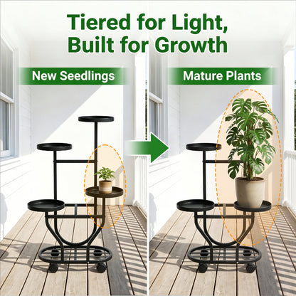 OHHANI 5-Tier Metal Plant Stand with Wheels, Tall Indoor/Outdoor Corner Flower Pot Display Shelf, Matte Black