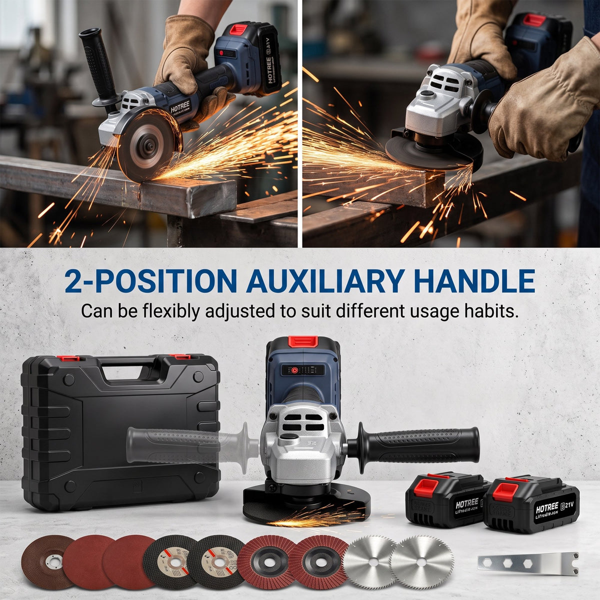 HOTREE 21V Cordless Brushless Angle Grinder Kit, 4-1/2 Inch, with 2 Batteries, Fast Charger, Cutting/Grinding/Polishing Accessories and Hard Case for Metal & Wood