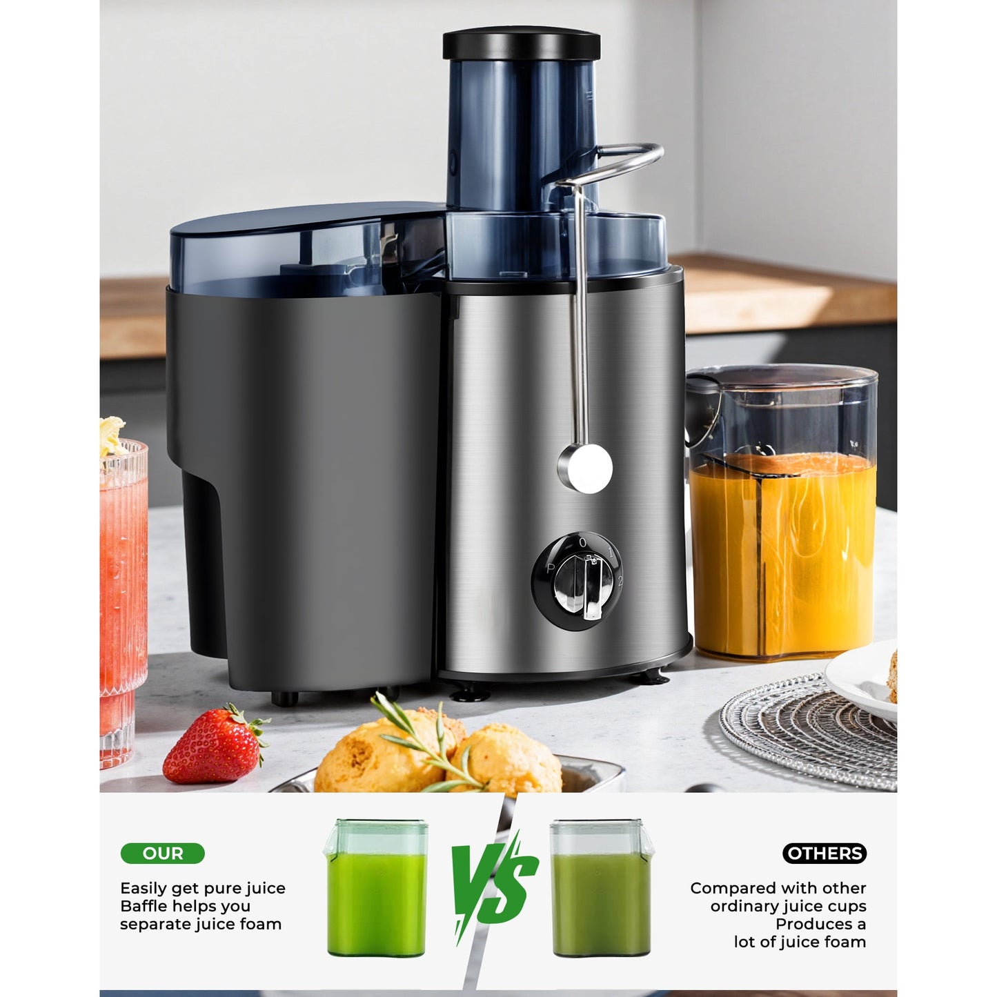 Electric Juicer Machine, 3″ Wide Feed Chute for Whole Fruits & Vegetables – Easy-Clean Design, Silver