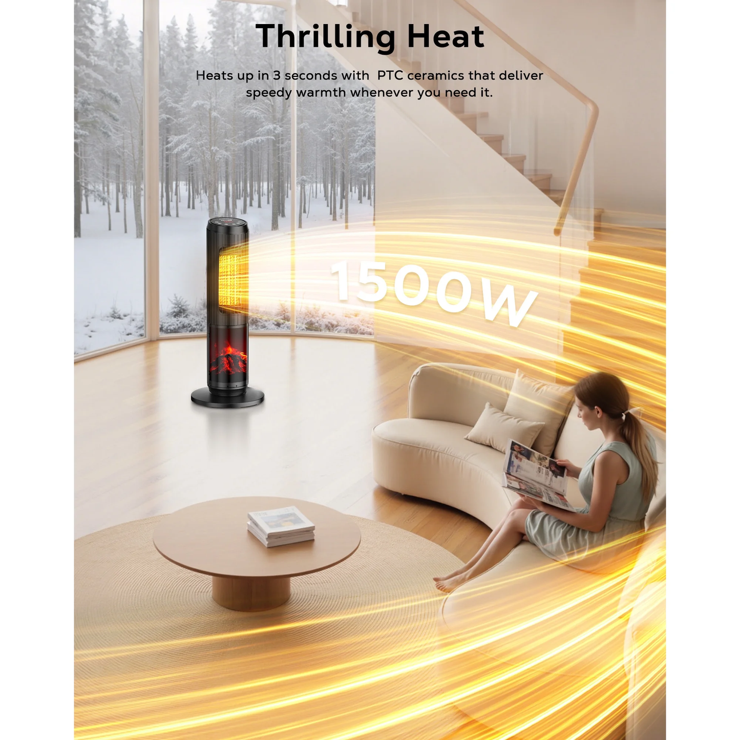 NFTIGB 24 inch Space Heater, 1500W Quiet Oscillating Ceramic Heater for Large Room, PTC Electric Heater with Realistic 3D Flame Effect, Remote Control, Thermostat, for Office, Bedroom, Indoor Use