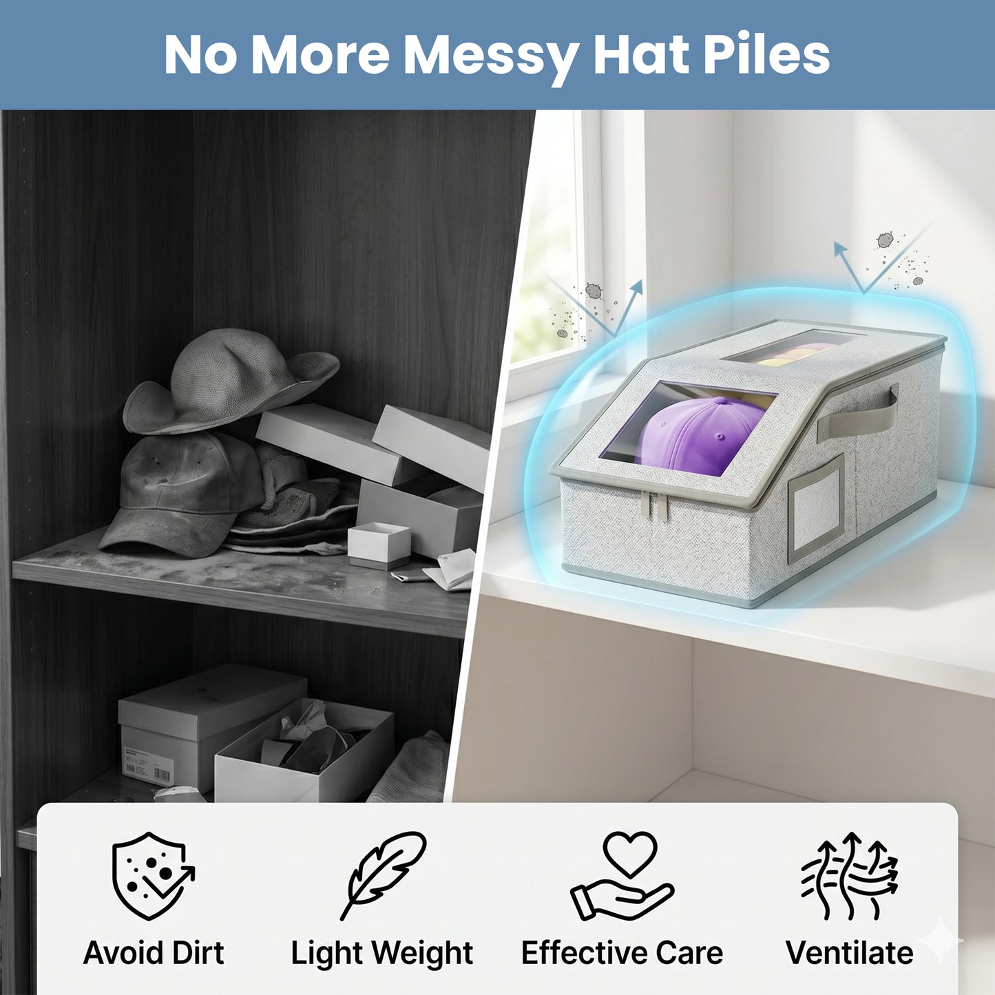 Riousery Stackable Hat Storage Boxes, 2 Pack Baseball Cap Organizer with Clear Windows, Foldable Closet Storage Bin for up to 30 Caps, Gray