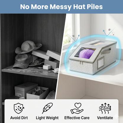 Riousery Stackable Hat Storage Boxes, 2 Pack Baseball Cap Organizer with Clear Windows, Foldable Closet Storage Bin for up to 30 Caps, Gray