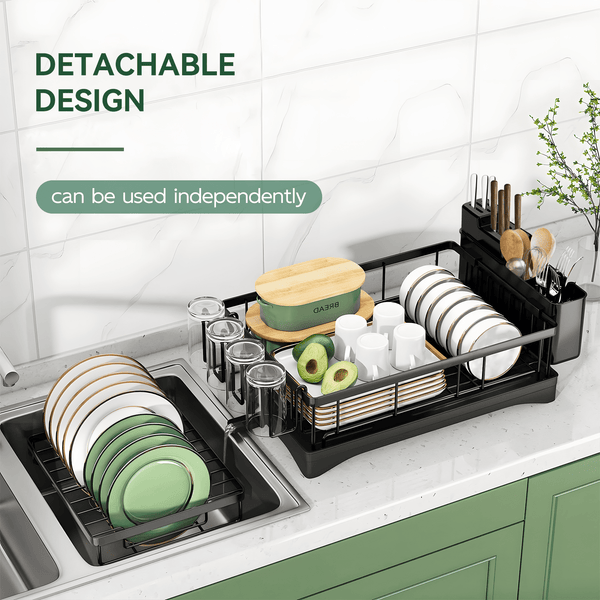 Riousery 2 Tier Dish Racks for Kitchen Counter, Dish Drying Rack with Dish Drainer, Stainless Steel Dish Rack Drain Set with Utensil Cups Holders, Drain Board with Drainage, Kitchen Organizers