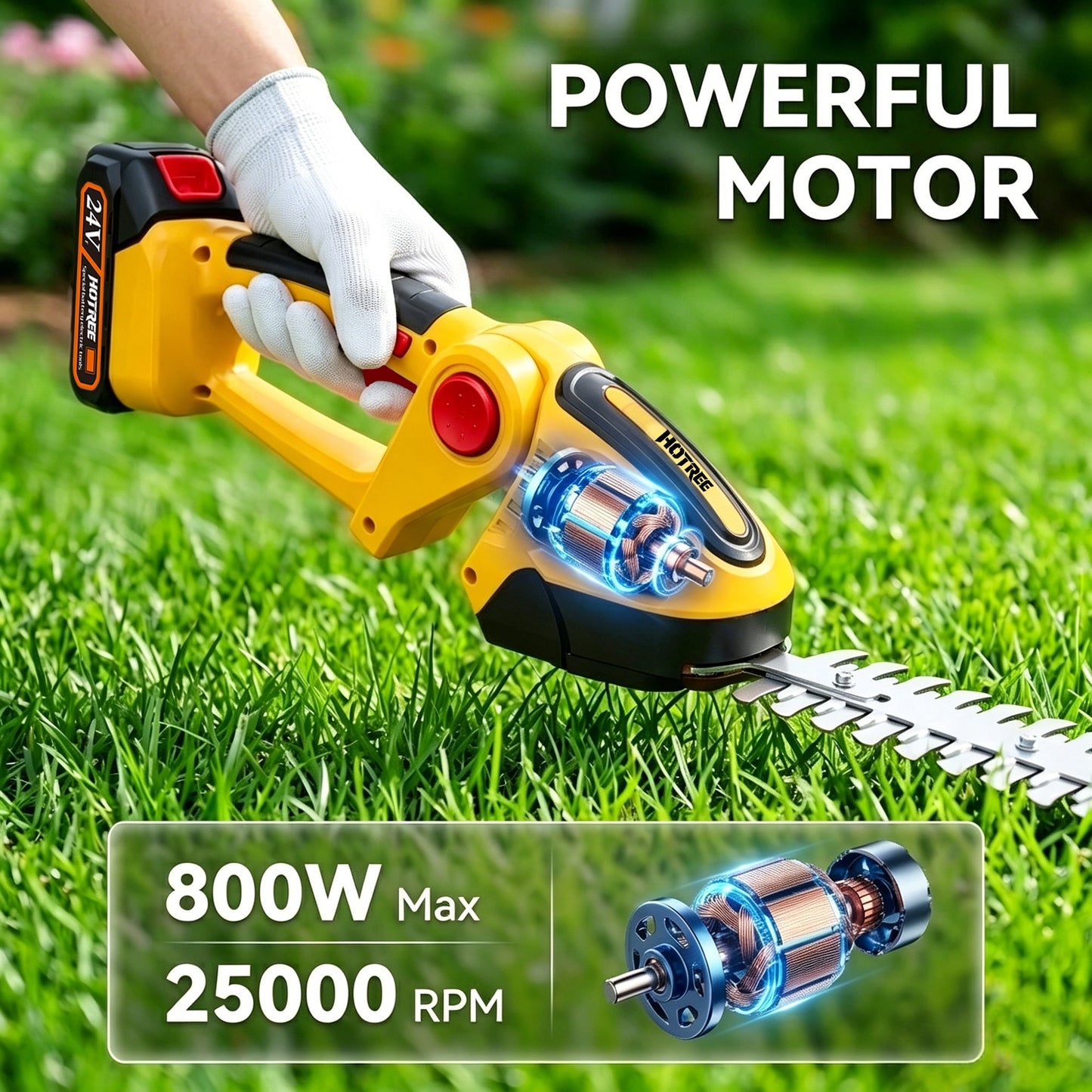 HOTREE Cordless Hedge Trimmer & Grass Shears, 90° Adjustable Head, 25,000 RPM, 2.4 lb, Up to 60 min Runtime
