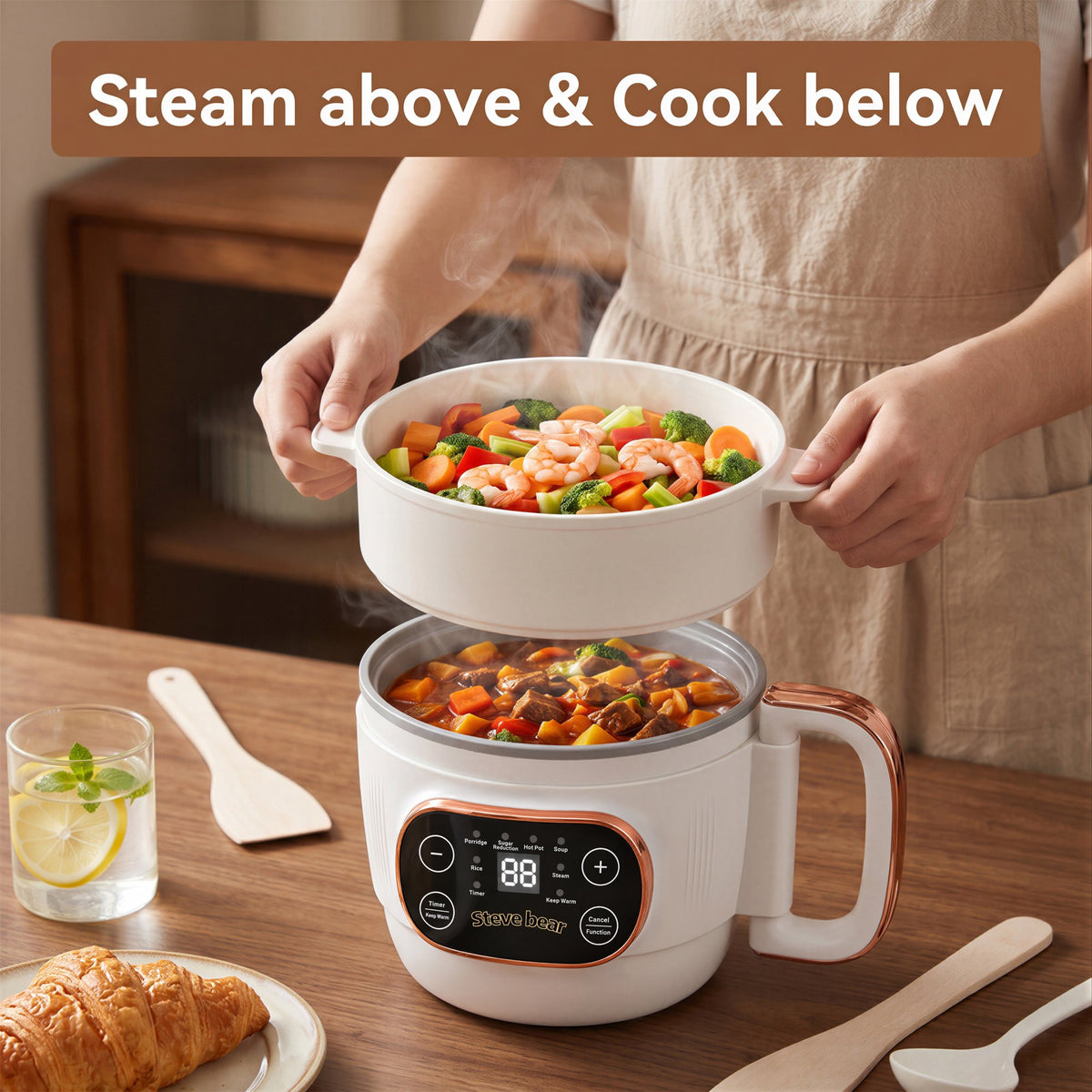 ICETear Portable Electric Cooking Pot with Foldable Handle, Mini Hot Pot & Low Sugar Rice Cooker, Titanium Non-Stick Inner Pot, 6 Smart Menus, Off-White
