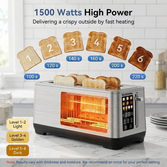 Suodoka 4-Slice Long Slot Toaster, Digital Touch Control with 6 Shade Settings, 5 Functions & 9.84" Extra-Wide Slots