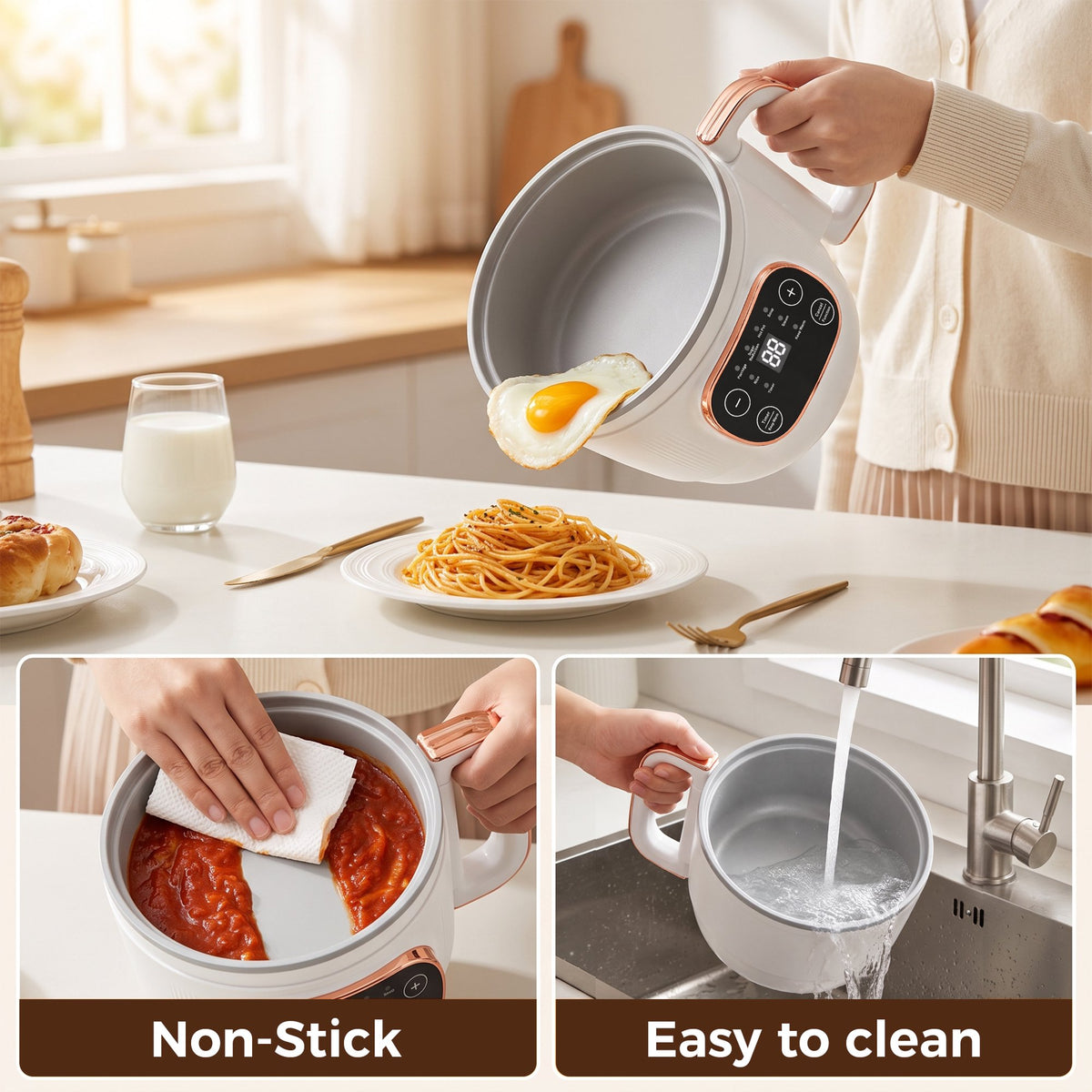 ICETear Portable Electric Cooking Pot with Foldable Handle, Mini Hot Pot & Low Sugar Rice Cooker, Titanium Non-Stick Inner Pot, 6 Smart Menus, Off-White