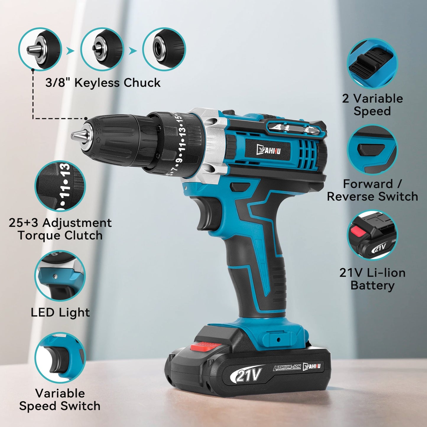 YAHHU 21V Cordless Drill Kit, 3/8" Keyless Chuck, Dual Speed Adjustable, 25+3 Torque Settings, Extensive Driver Accessories