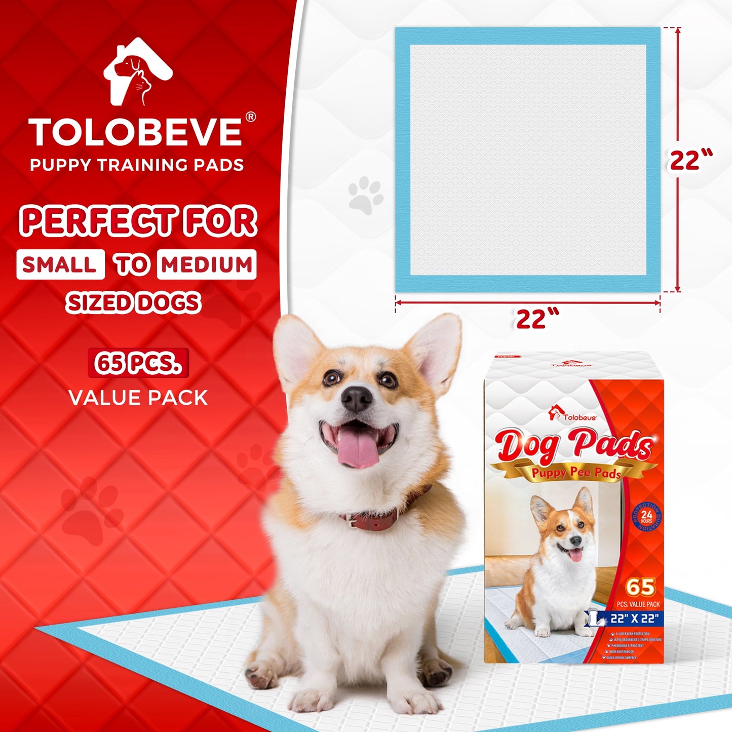 Tolobeve Puppy Pads Training Pads, Large, 22 in x 22 in, 65 Count Disposable Dog Pee Pet Pads