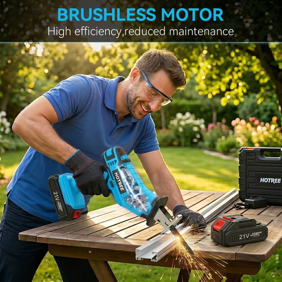 HOTREE Cordless Reciprocating Saw with LED Light, Variable Speed, 2 x 2.0Ah Batteries, Blades Kit for Wood, Metal, PVC Cutting