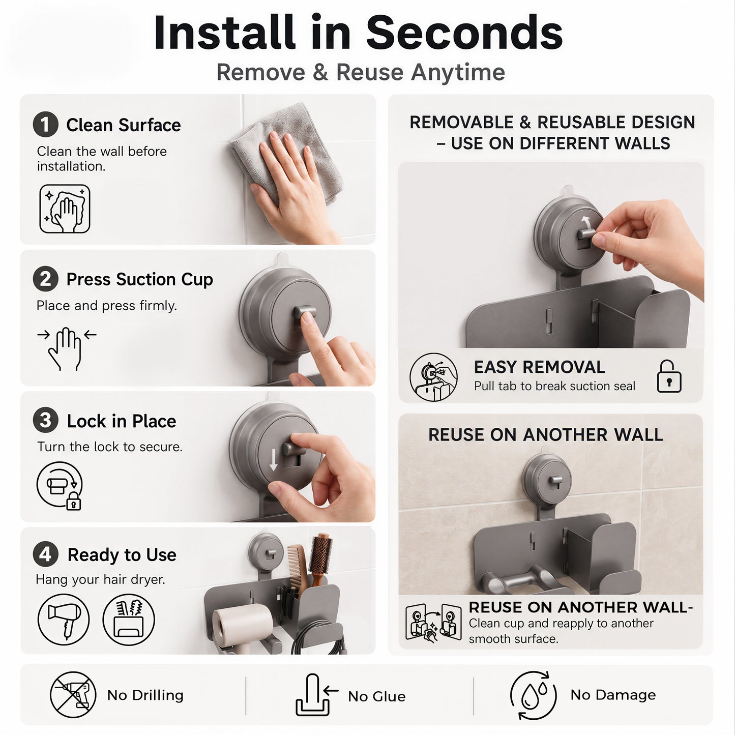 Riousery Hair Dryer Holder Wall Mount, No Drill Suction Cup Organizer with Storage Basket, Reusable Blow Dryer Holder for Bathroom