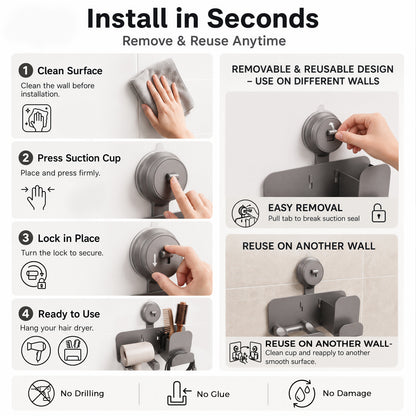 Riousery Hair Dryer Holder Wall Mount, No Drill Suction Cup Organizer with Storage Basket, Reusable Blow Dryer Holder for Bathroom